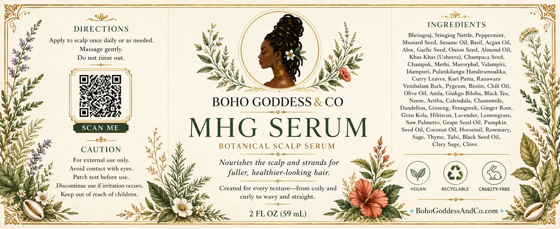 MHG Serum 2 fl oz botanical scalp serum label showing directions, cautions, and complete ingredient list